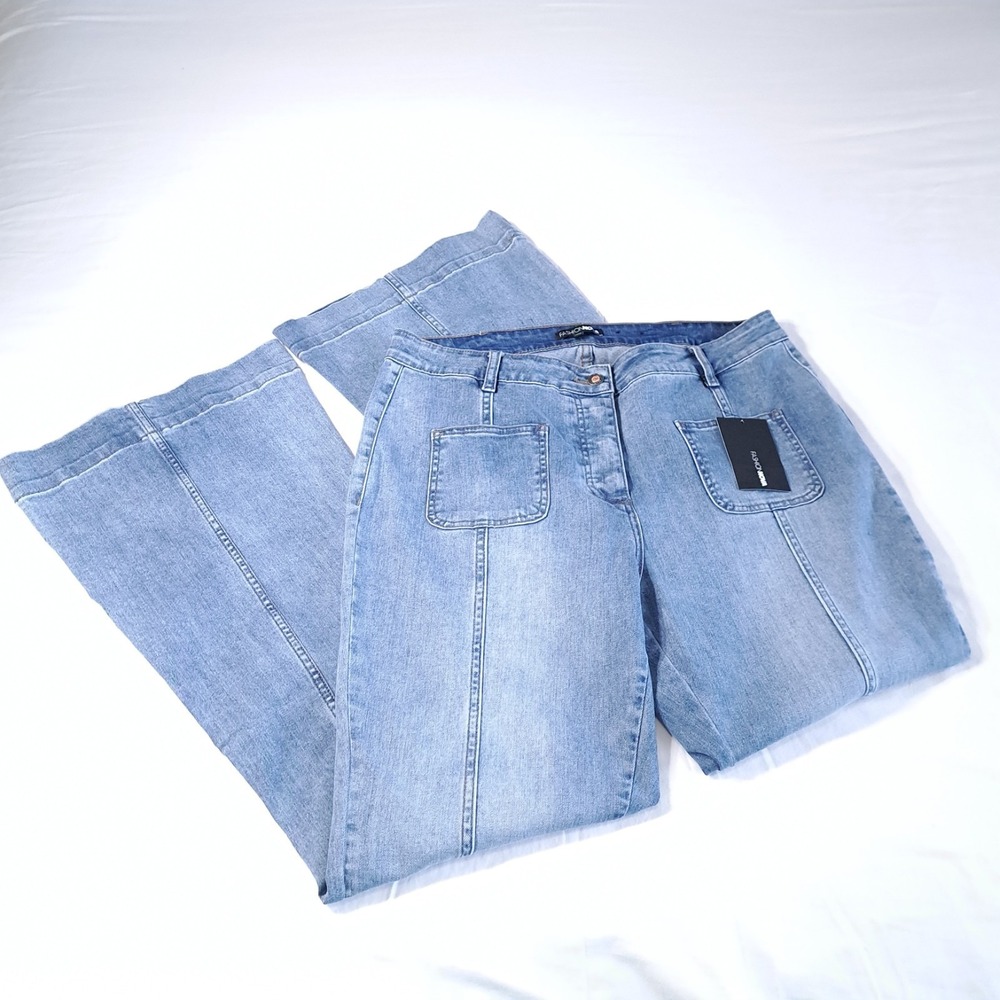 Fashion Nova Washed Light Blue Bootcut Jeans with Patch Pockets